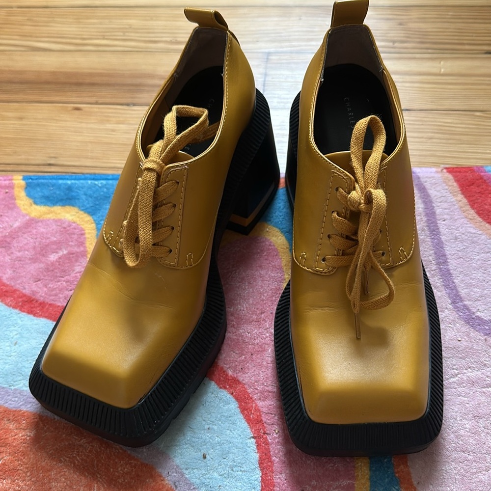 Charles & Keith square toe block heeled loafers.